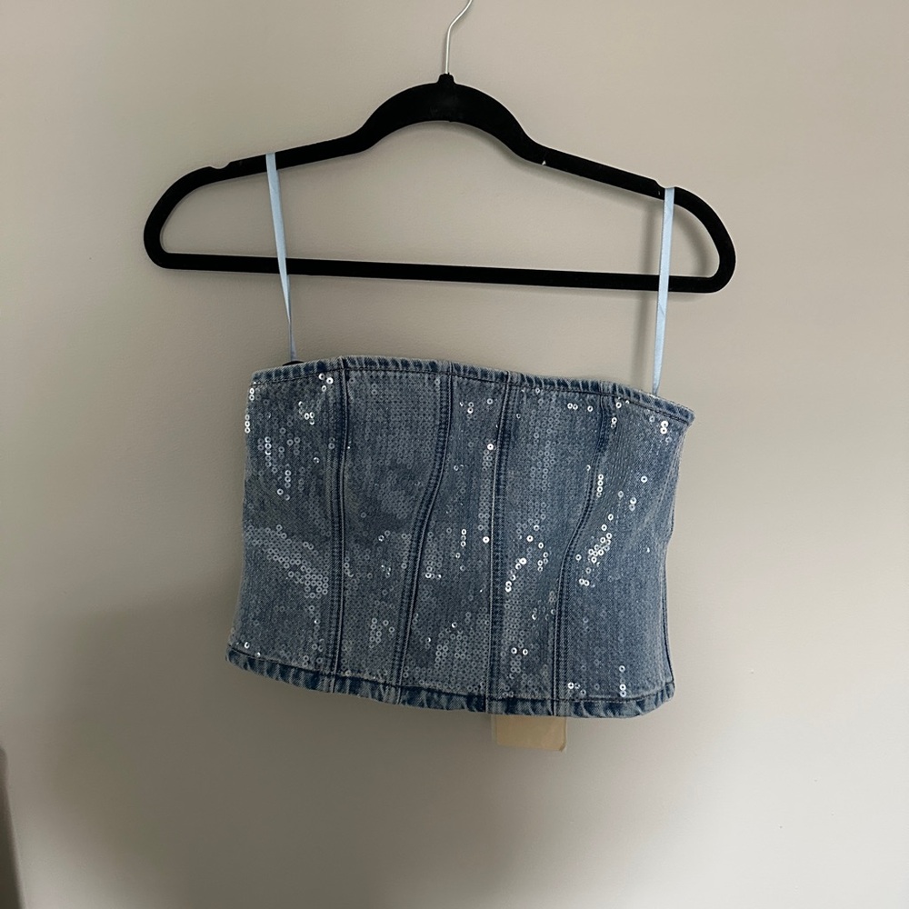 GRLFRIEND Sequin Denim Tube Top